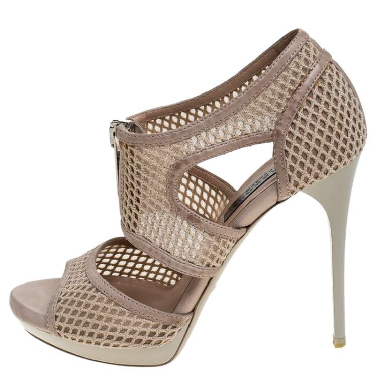 Pre Owned Burberry Beige Cotton Lace And Leather Trim Cut Out Platform Ankle Sandals Size 37