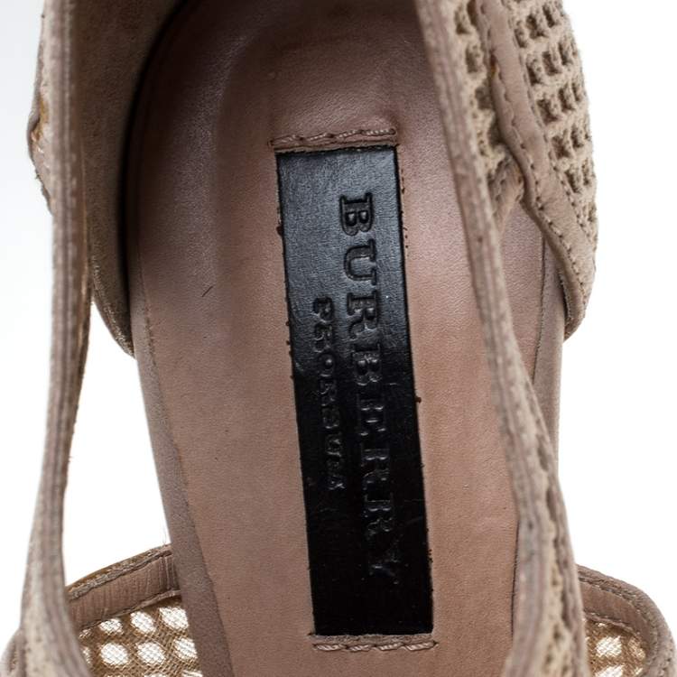 Pre Owned Burberry Beige Cotton Lace And Leather Trim Cut Out Platform Ankle Sandals Size 37