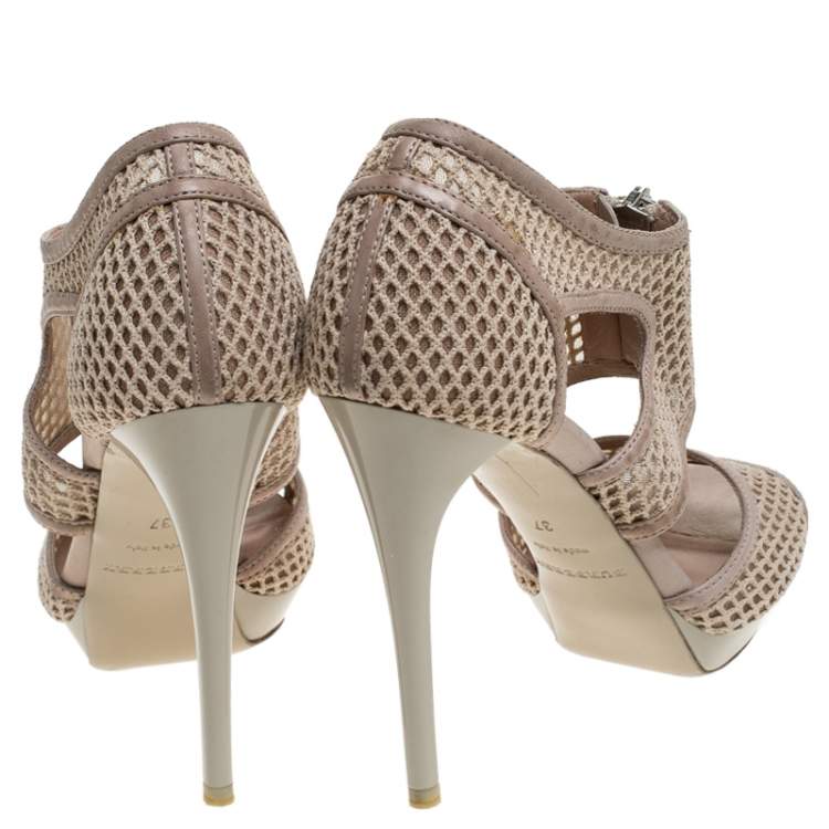 Pre Owned Burberry Beige Cotton Lace And Leather Trim Cut Out Platform Ankle Sandals Size 37
