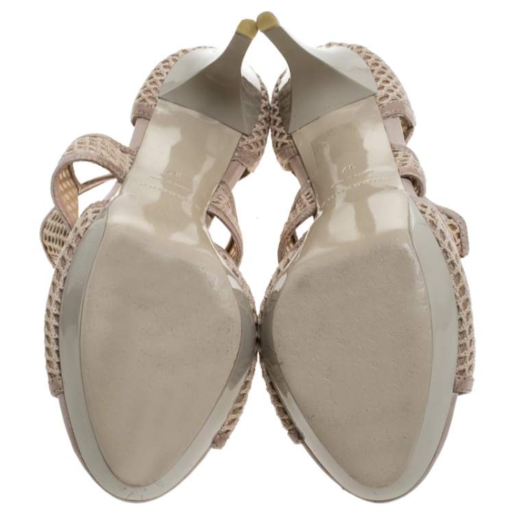 Pre Owned Burberry Beige Cotton Lace And Leather Trim Cut Out Platform Ankle Sandals Size 37