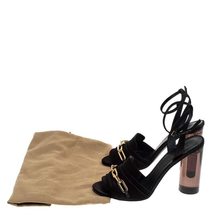 Pre Owned Burberry Black Satin Gold Link Detail Perspex Block Heel Sandals Size 39.5