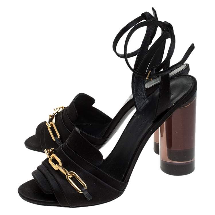 Pre Owned Burberry Black Satin Gold Link Detail Perspex Block Heel Sandals Size 39.5