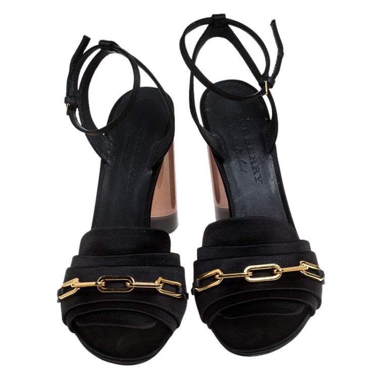 Pre Owned Burberry Black Satin Gold Link Detail Perspex Block Heel Sandals Size 39.5