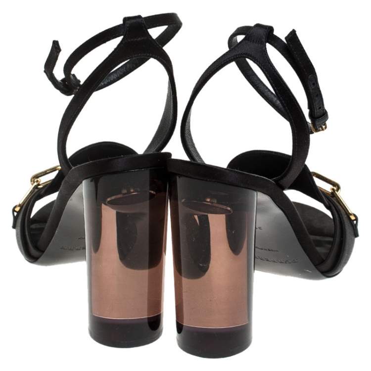 Pre Owned Burberry Black Satin Gold Link Detail Perspex Block Heel Sandals Size 39.5