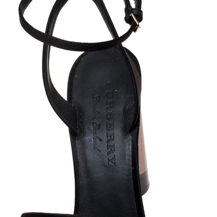 Pre Owned Burberry Black Satin Gold Link Detail Perspex Block Heel Sandals Size 39.5