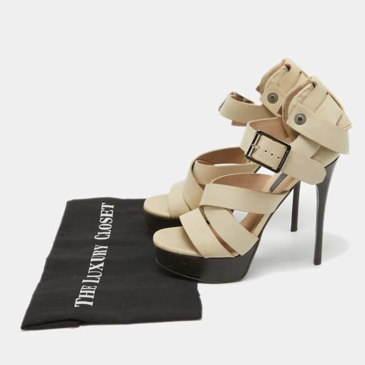 Pre Owned Burberry Prorsum Grey Leather Strappy Platform Sandals Size 37