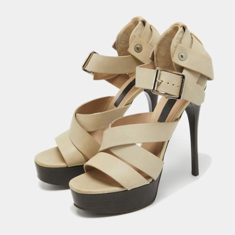 Pre Owned Burberry Prorsum Grey Leather Strappy Platform Sandals Size 37