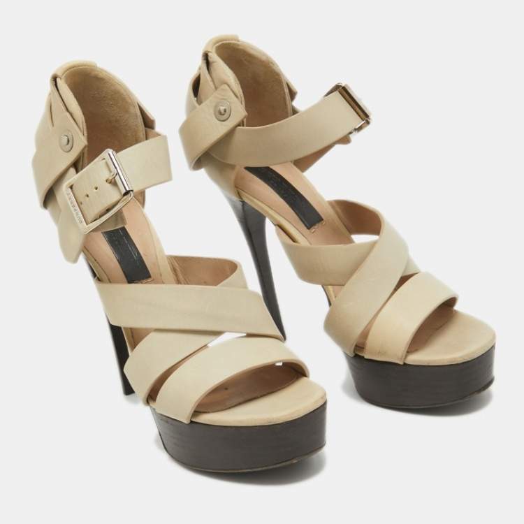 Pre Owned Burberry Prorsum Grey Leather Strappy Platform Sandals Size 37