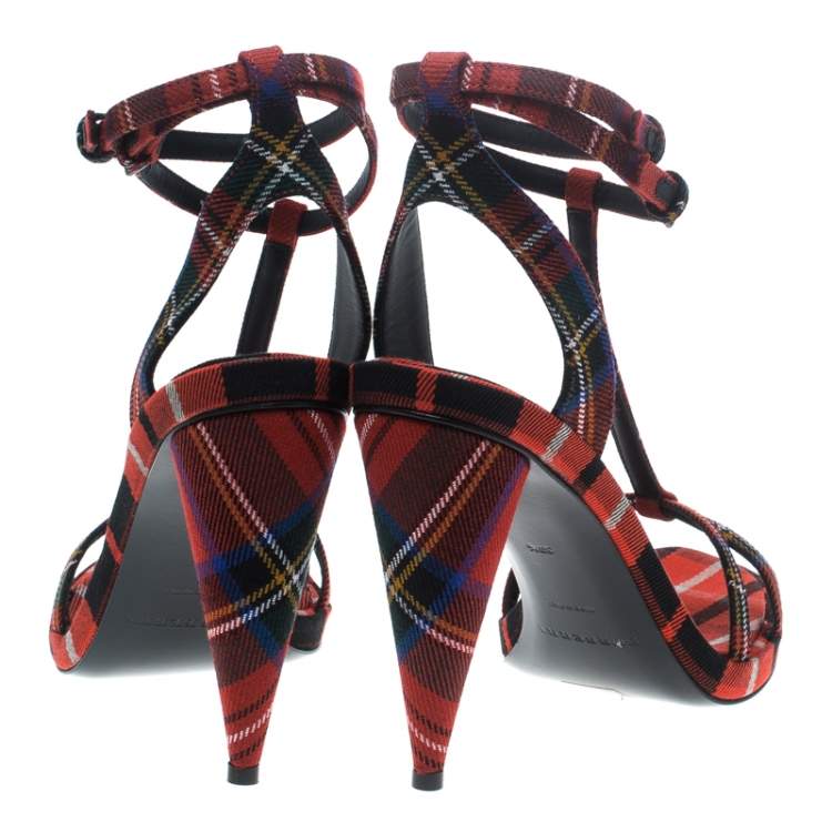 مملوكة مسبقًا Burberry Red Checkered Wool Hans T Strap Sandals Size 41