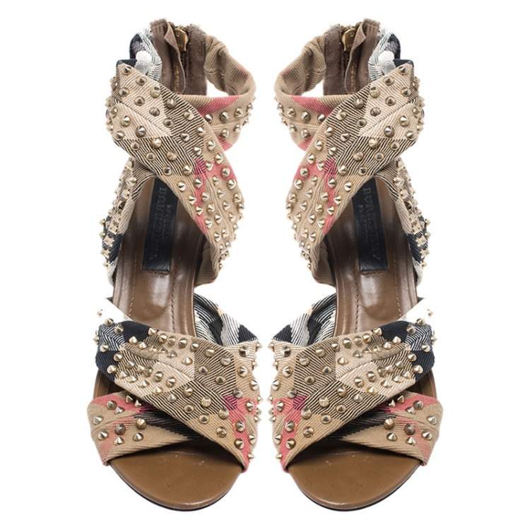 Pre Owned Burberry Beige Nova Check Criss Cross Canvas Spike Studded Open Toe Sandals Size 37