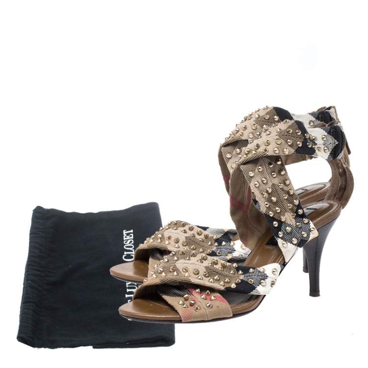 Pre Owned Burberry Beige Nova Check Criss Cross Canvas Spike Studded Open Toe Sandals Size 37