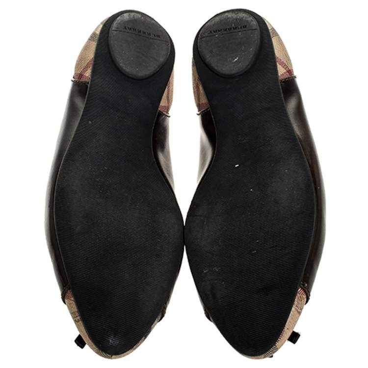 Pre Owned  Burberry Dark Brown Leather And Beige Canvas Bow Round Toe Ballet Flats Size 36.5