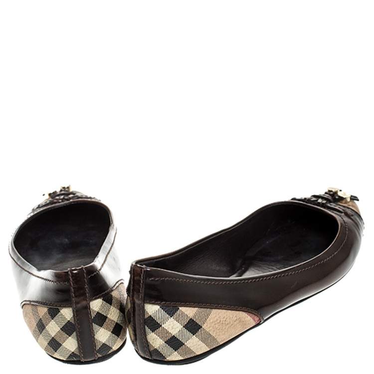 Pre Owned  Burberry Dark Brown Leather And Beige Canvas Bow Round Toe Ballet Flats Size 36.5