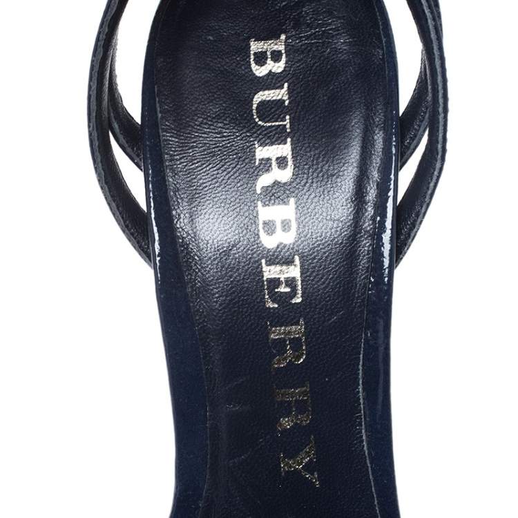 Pre Owned Burberry Navy Blue Patent Leather Strappy Wedge Sandals Size 40