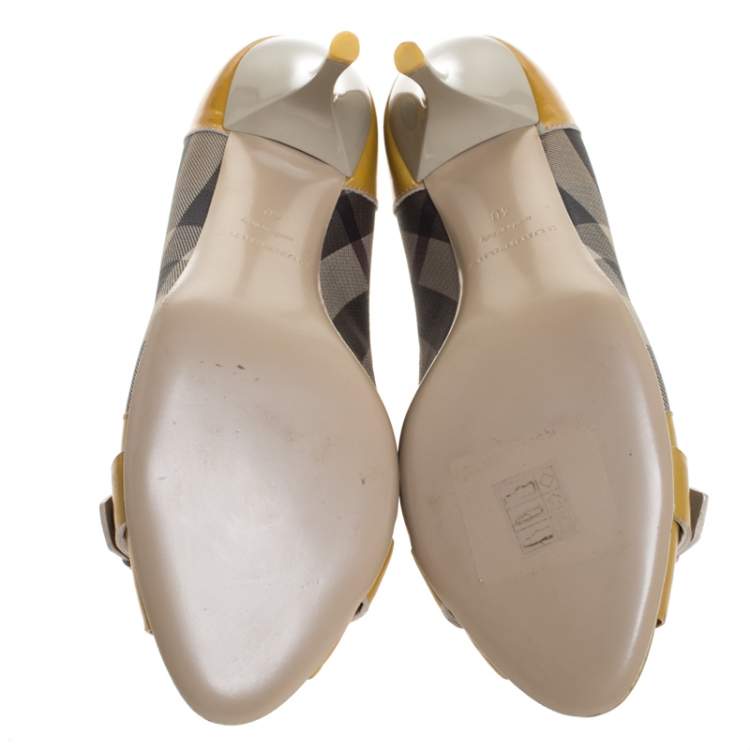 Pre Owned Burberry Mustard/Beige House Check PVC and Patent Leather Buckle Peep Toe Pumps Size 40
