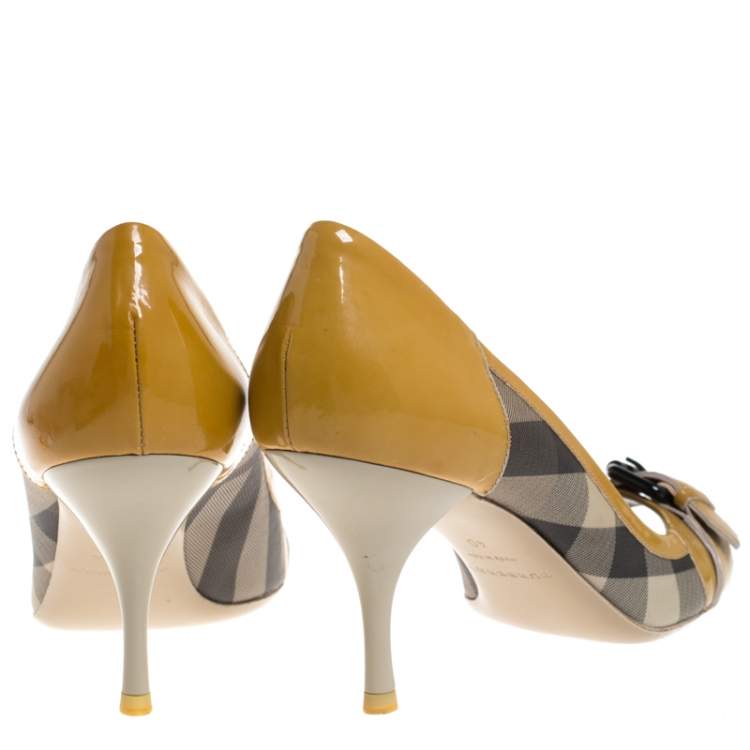 Pre Owned Burberry Mustard/Beige House Check PVC and Patent Leather Buckle Peep Toe Pumps Size 40