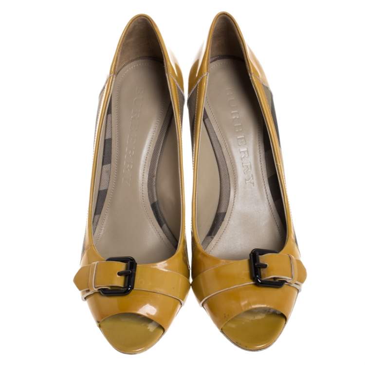 Pre Owned Burberry Mustard/Beige House Check PVC and Patent Leather Buckle Peep Toe Pumps Size 40