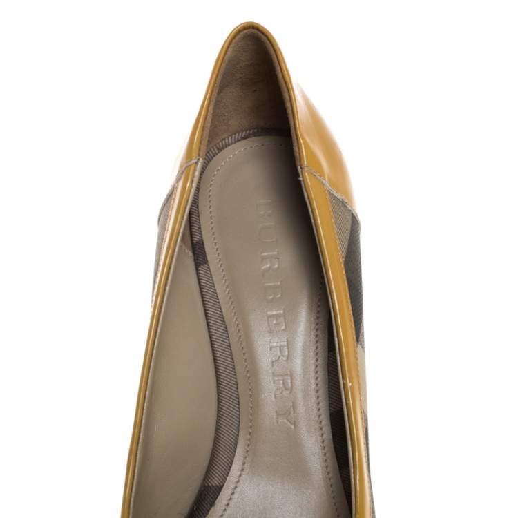Pre Owned Burberry Mustard/Beige House Check PVC and Patent Leather Buckle Peep Toe Pumps Size 40