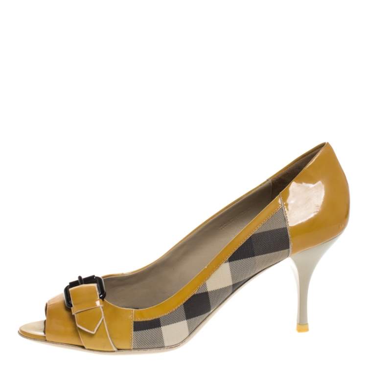 Pre Owned Burberry Mustard/Beige House Check PVC and Patent Leather Buckle Peep Toe Pumps Size 40