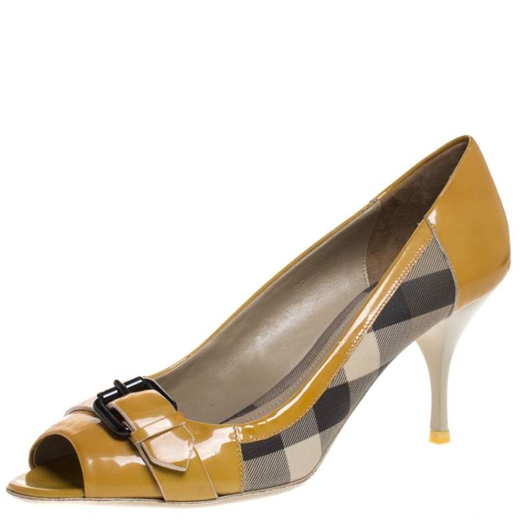 Burberry Mustard/Beige House Check PVC and Patent Leather Buckle Peep Toe  Pumps Size 40 Burberry | TLC