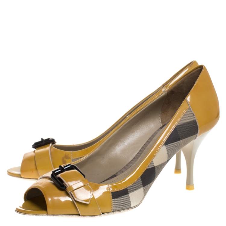 Pre Owned Burberry Mustard/Beige House Check PVC and Patent Leather Buckle Peep Toe Pumps Size 40