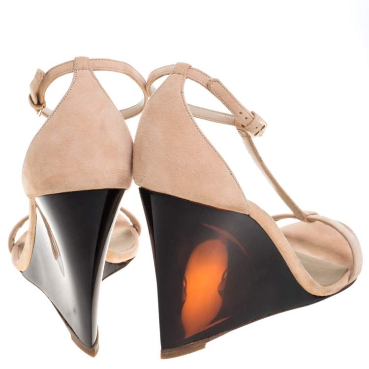 Pre Owned Burberry Prorsum Blush Pink Suede Leyburn Lucite Wedge Ankle Strap Sandals Size 40