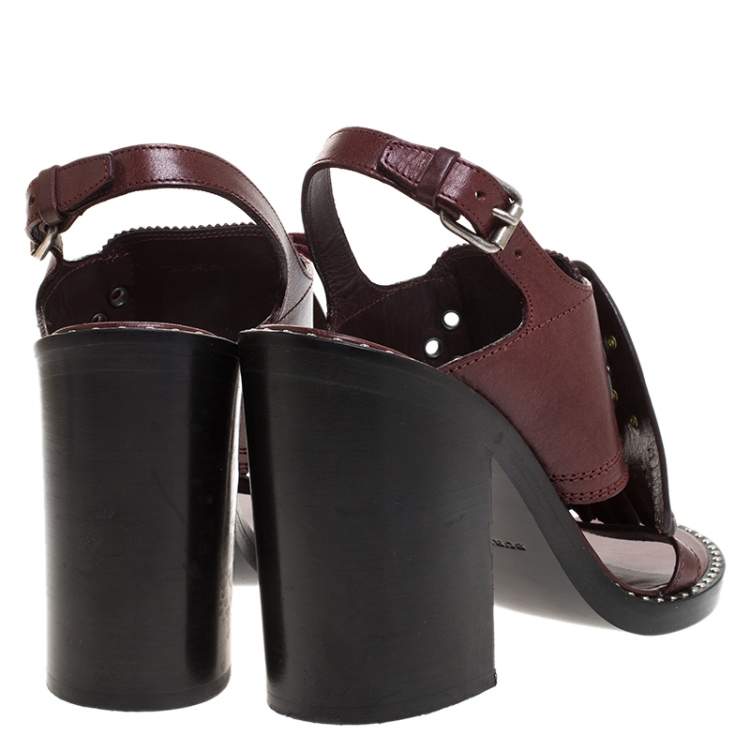 مملوكة مسبقًا Burberry Burgundy Leather Beverley Fringe Eyelet Embellished Slingback Block Heel Sandals Size 40