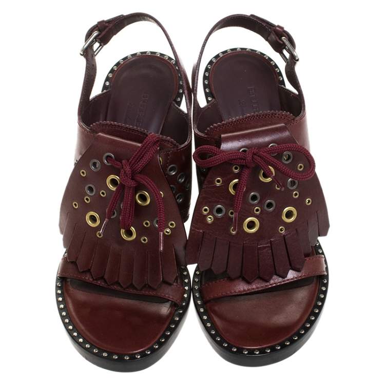مملوكة مسبقًا Burberry Burgundy Leather Beverley Fringe Eyelet Embellished Slingback Block Heel Sandals Size 40