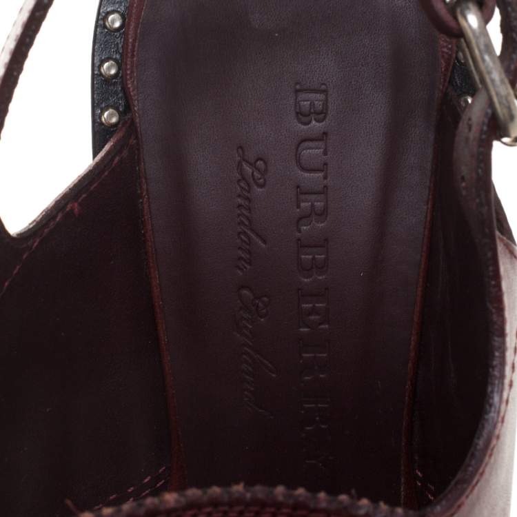 مملوكة مسبقًا Burberry Burgundy Leather Beverley Fringe Eyelet Embellished Slingback Block Heel Sandals Size 40