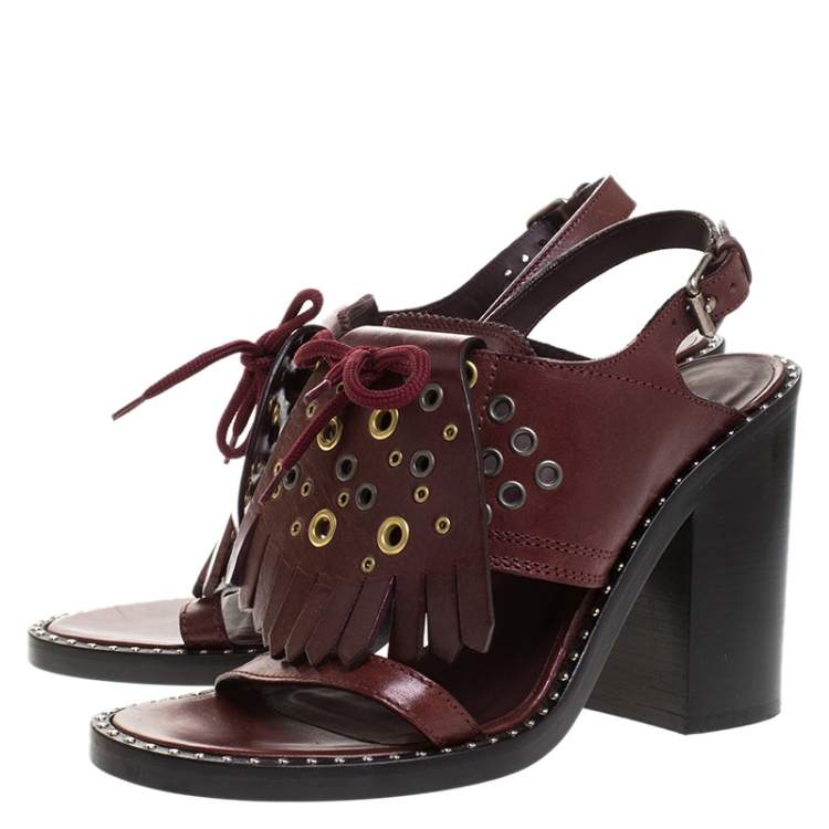مملوكة مسبقًا Burberry Burgundy Leather Beverley Fringe Eyelet Embellished Slingback Block Heel Sandals Size 40