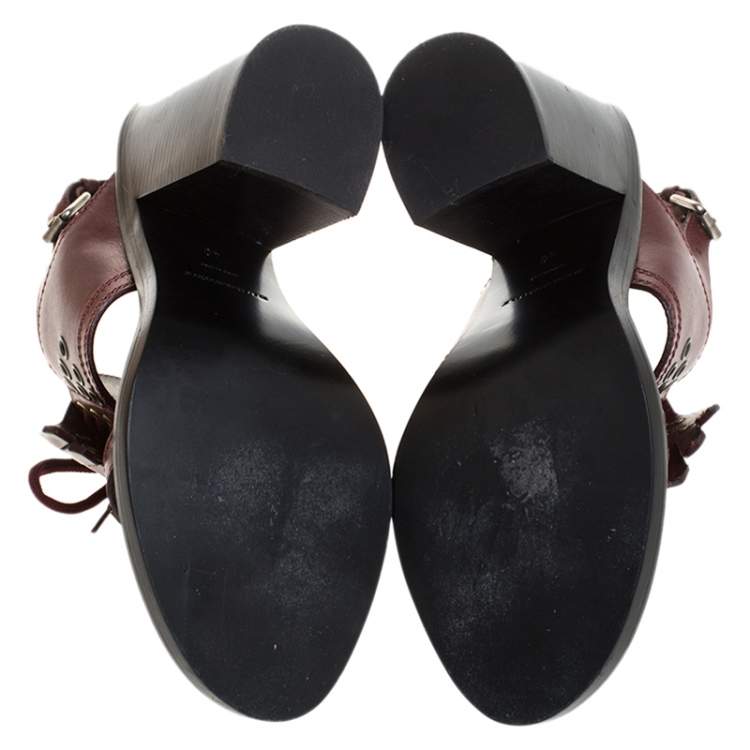 مملوكة مسبقًا Burberry Burgundy Leather Beverley Fringe Eyelet Embellished Slingback Block Heel Sandals Size 40