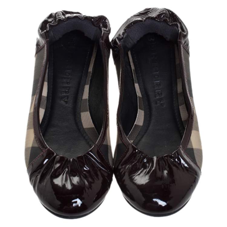 Pre Owned Burberry Burgundy Patent Leather And Nova Check Canvas Scrunch Ballet Flats Size 36