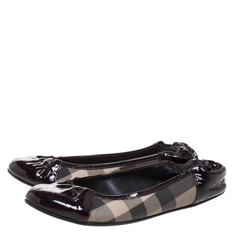 Pre Owned Burberry Burgundy Patent Leather And Nova Check Canvas Scrunch Ballet Flats Size 36