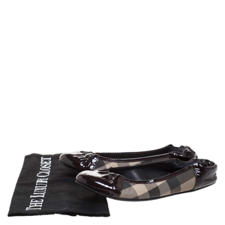 Pre Owned Burberry Burgundy Patent Leather And Nova Check Canvas Scrunch Ballet Flats Size 36
