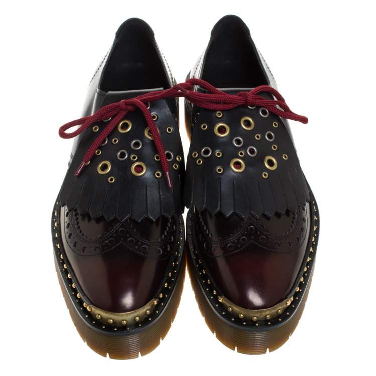 Pre Owned Burberry Two Tone Brogue Leather Bissett Fringe Detail Lace Up Platform Derby Size 41