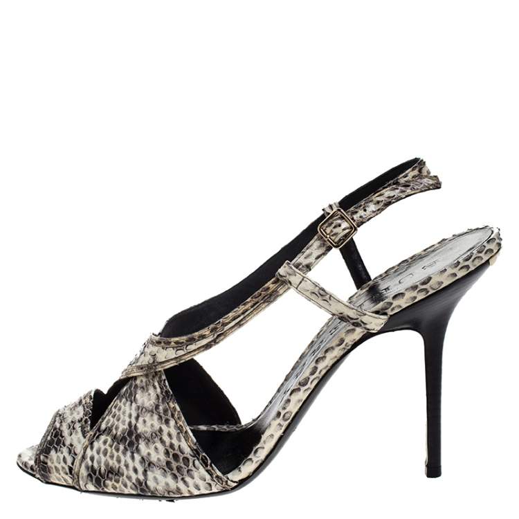 Pre Owned Burberry Cream/Black Python Effect Leather Criss Cross Slingback Sandals Size 41