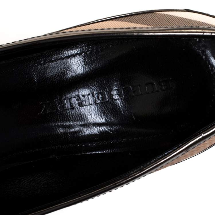 Pre Owned Burberry Metallic Grey Leather And House Check Canvas Buckle Peep Toe Pumps Size 41