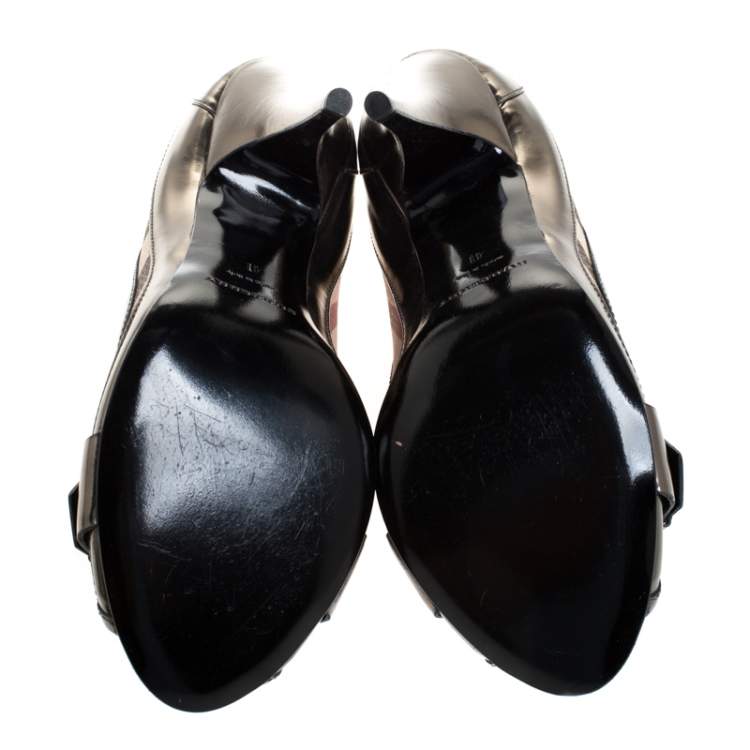 Pre Owned Burberry Metallic Grey Leather And House Check Canvas Buckle Peep Toe Pumps Size 41