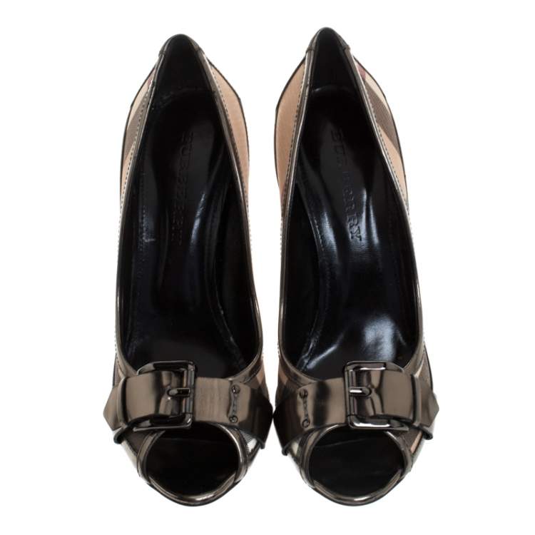 Pre Owned Burberry Metallic Grey Leather And House Check Canvas Buckle Peep Toe Pumps Size 41