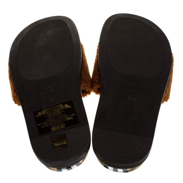 Pre Owned Burberry Brown Shearling & Vintage Check Kencot Slides Size 39.5