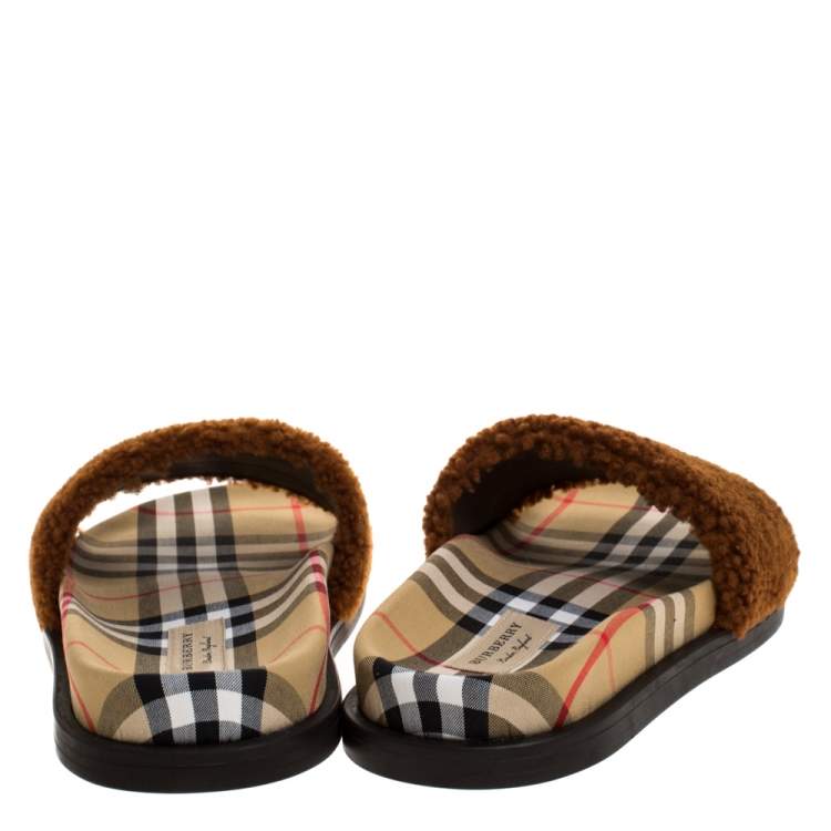 Pre Owned Burberry Brown Shearling & Vintage Check Kencot Slides Size 39.5