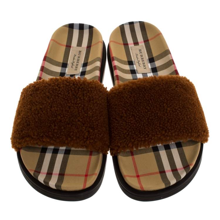 Pre Owned Burberry Brown Shearling & Vintage Check Kencot Slides Size 39.5