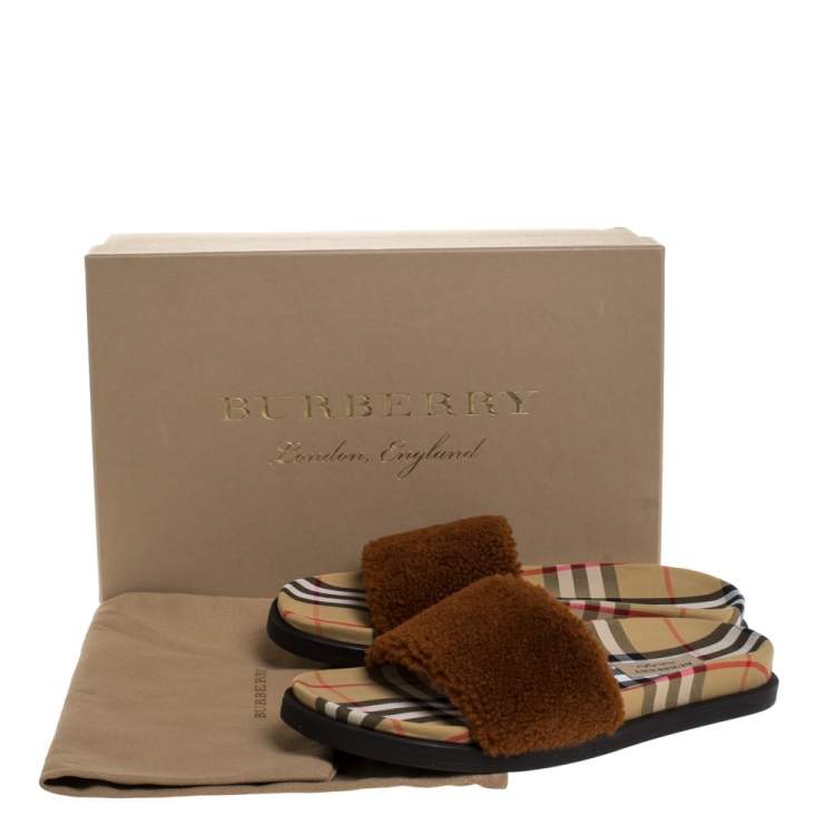 Pre Owned Burberry Brown Shearling & Vintage Check Kencot Slides Size 39.5