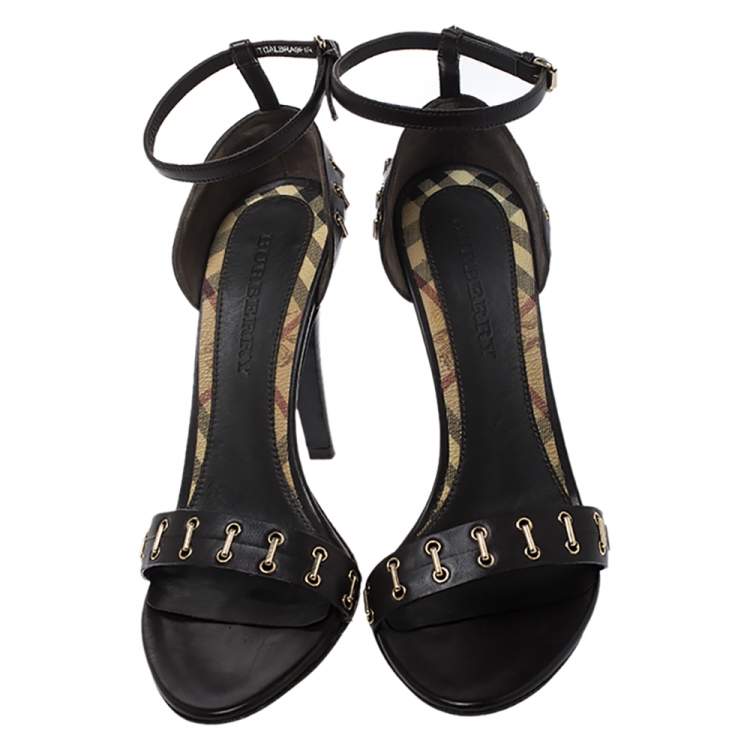 Pre Owned Burberry Dark Brown Leather Open Toe Ankle Strap Sandals Size 41