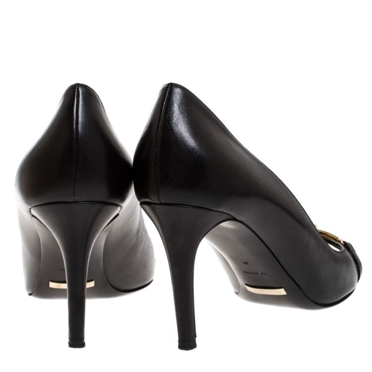 Pre Owned Burberry Black Leather And Canvas Trim Twist Lock Dunlow Peep Toe Pumps Size 41