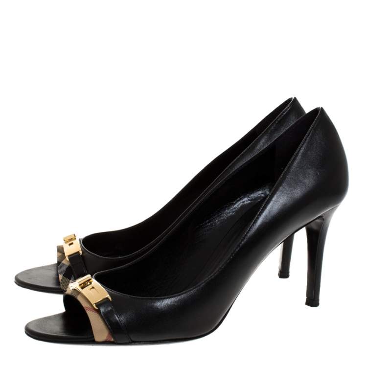 Pre Owned Burberry Black Leather And Canvas Trim Twist Lock Dunlow Peep Toe Pumps Size 41