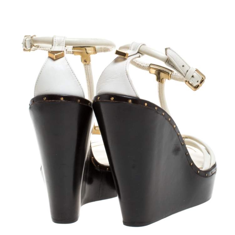 Pre Owned Burberry Cream Leather T-Strap Wooden Wedge Sandals Size 41