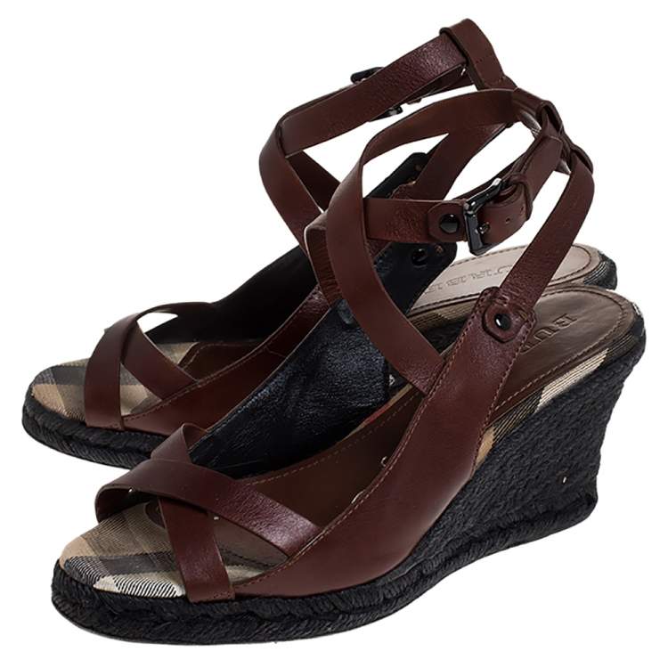 Pre Owned Burberry Brown Leather Cross Strap Espadrille Wedge Sandals Size 39