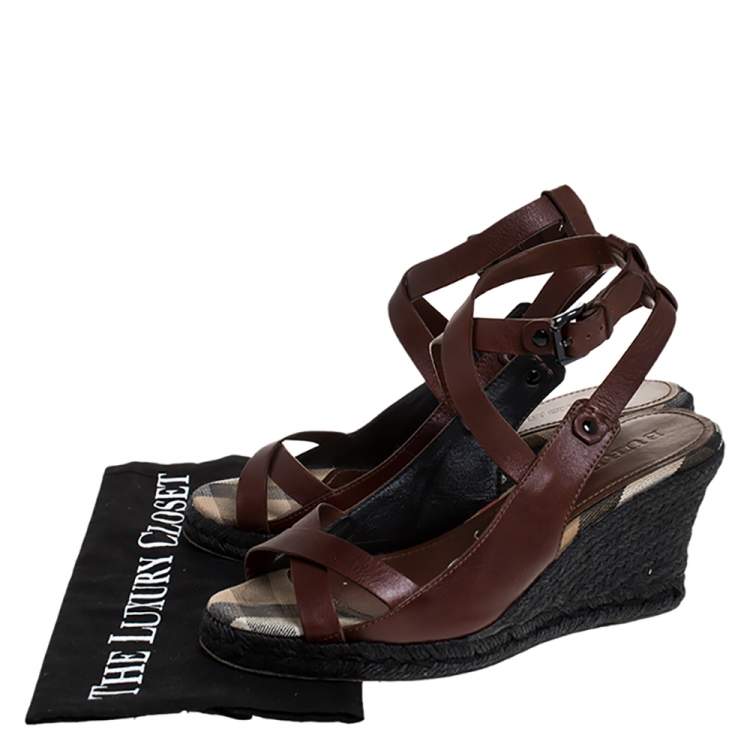 Pre Owned Burberry Brown Leather Cross Strap Espadrille Wedge Sandals Size 39