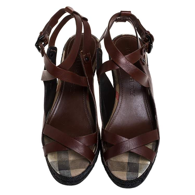 Pre Owned Burberry Brown Leather Cross Strap Espadrille Wedge Sandals Size 39